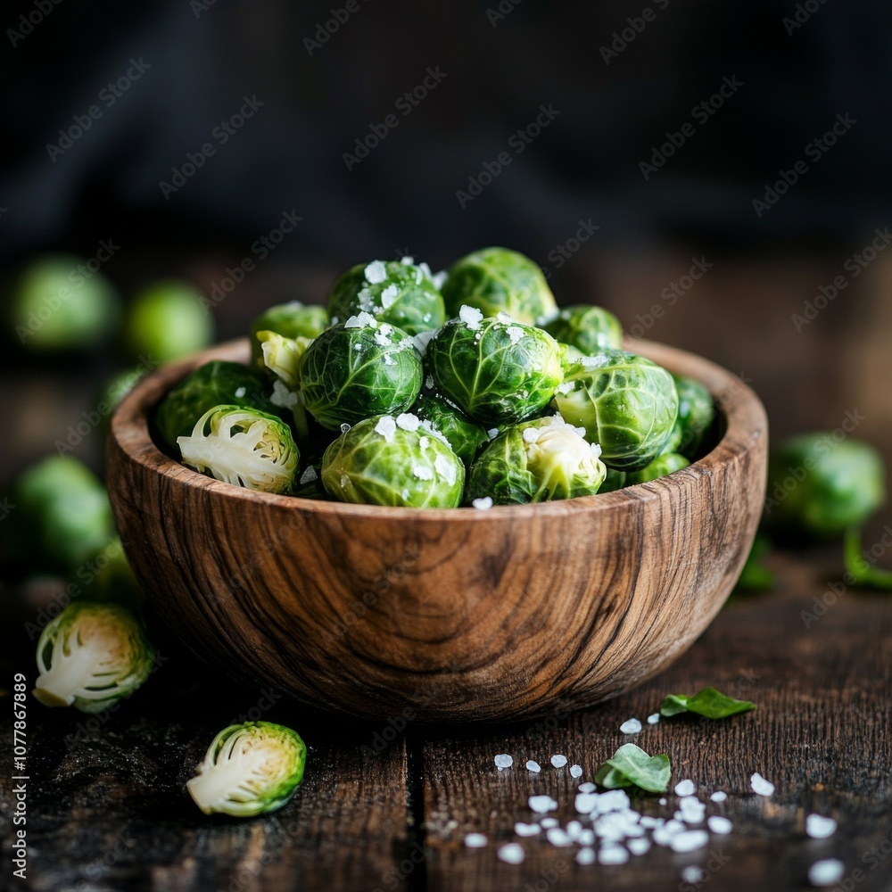 Salted Brussels Sprouts in a Wooden Bowl Salted Brussels Sprouts in a Wooden Bowl