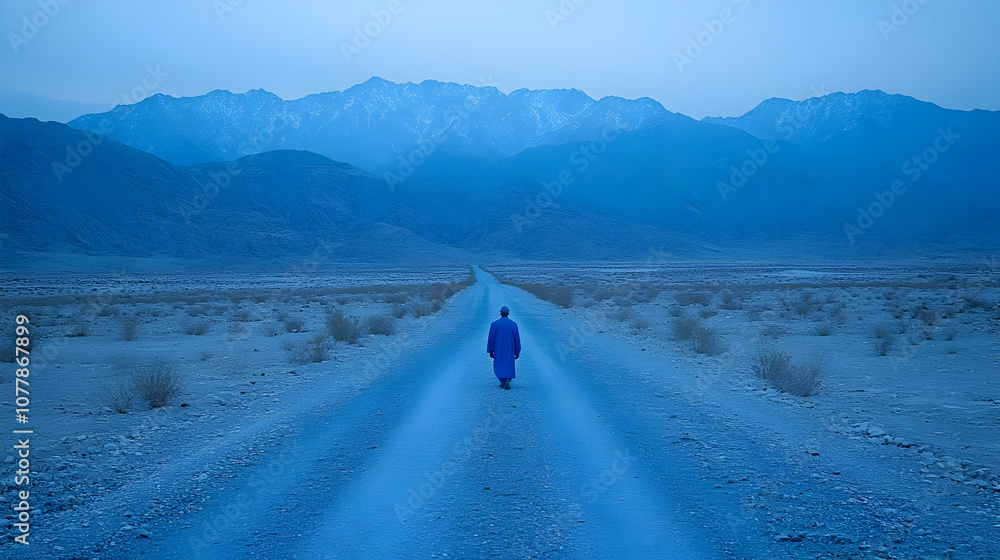 Single Figure Walking on a Road in the Mountains Realistic Image Single Figure Walking on a Road in the Mountains Realistic Image