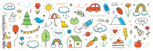Cute kid background line flower, heart, rainbow icon. Hand drawn doodle sketch baby element set. Flower, heart, cloud children draw style design element background. Vector illustration