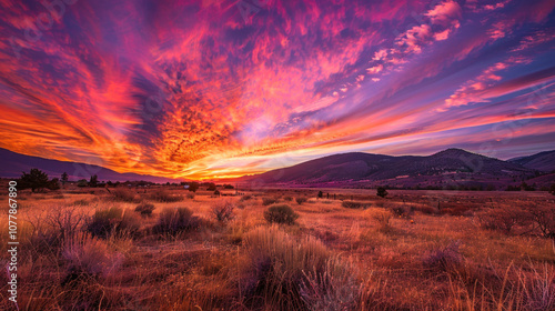 A dramatic sunset sky filled with vibrant hues of orange, pink, and purple, creating a stunning backdrop for the end of the day.