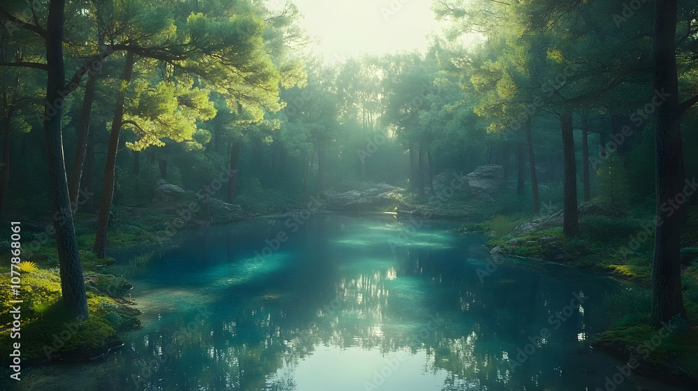 Fototapeta premium Forest Lake 3D Illustration