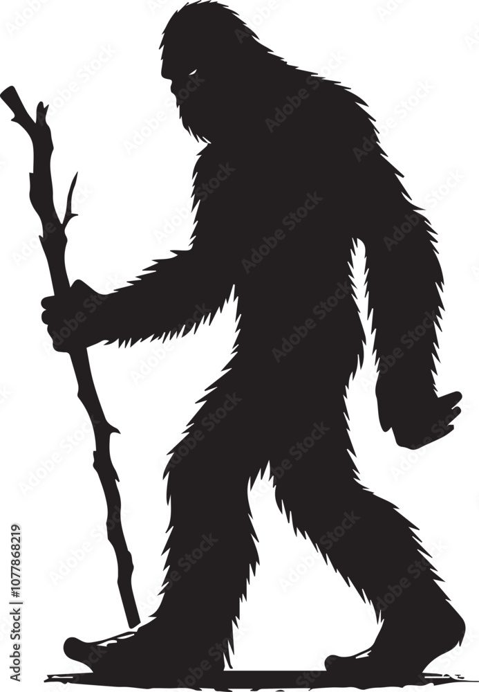 Fototapeta premium Bigfoot silhouette carrying a walking stick resembling a hiker