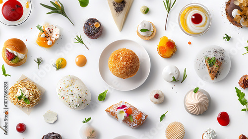 Gourmet desserts and pastries arranged artistically on white background, showcasing variety of textures and colors. Each dish is beautifully plated, creating inviting and appetizing display