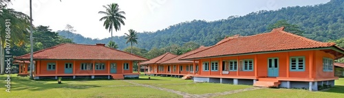Wallpaper Mural A serene complex of orange buildings surrounded by greenery and mountains. Torontodigital.ca