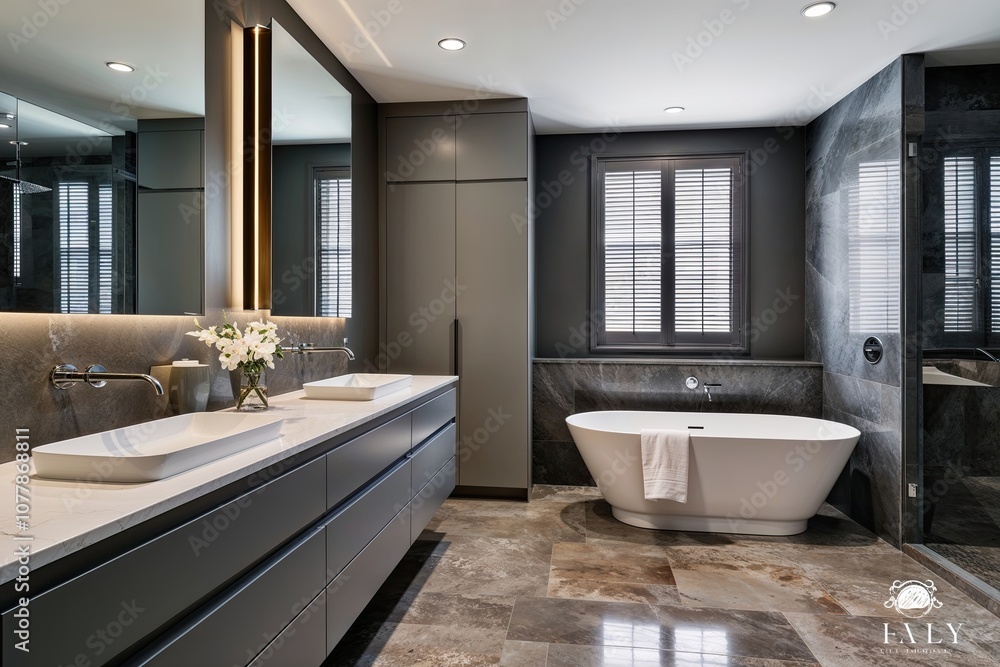 Elegant Contemporary Bathroom Design Featuring Modern Grey Cabinet Wall-Mounted Sink Stylish Bathtub and Polished Stone Flooring Elegant Contemporary Bathroom Design Featuring Modern Grey Cabinet Wall-Mounted Sink Stylish Bathtub and Polished Stone Flooring