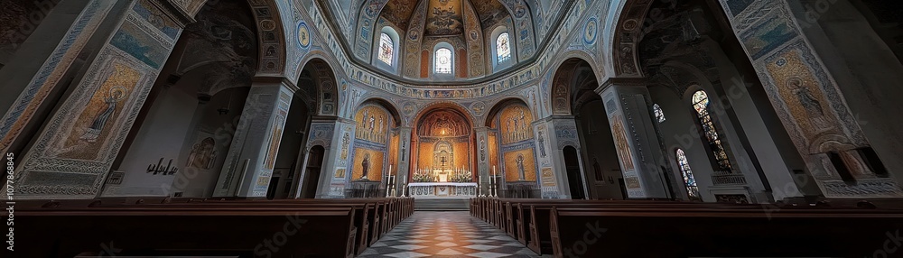 Fototapeta premium Interior view of a church showcasing its architectural beauty and religious significance.