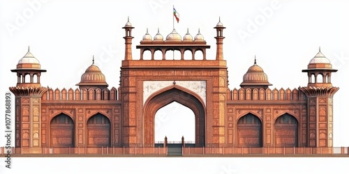 Red Fort in Delhi India shown on a white background 