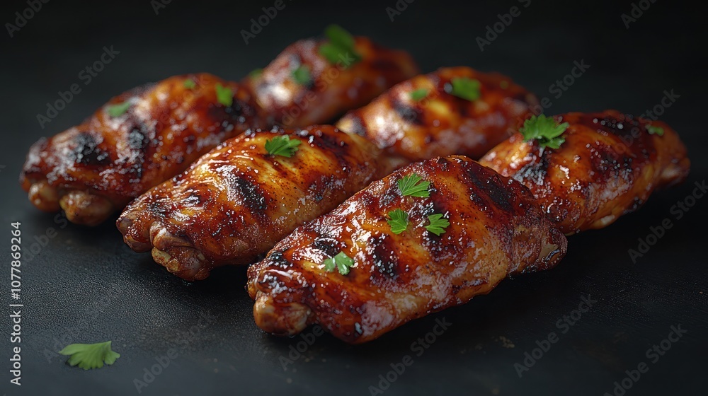 Close up of grilled chicken thighs with parsley garnish on black background. Close up of grilled chicken thighs with parsley garnish on black background.