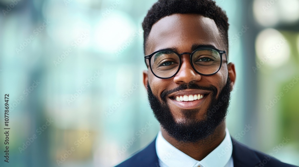 A smiling man in a suit and glasses, set against a blurred background, radiates confidence and professionalism. A smiling man in a suit and glasses, set against a blurred background, radiates confidence and professionalism.