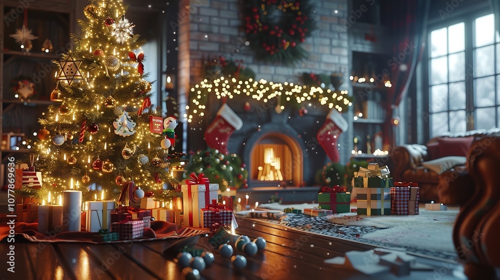 Stylish Christmas Interior with Decorated Tree, Gifts, and Holiday Decor