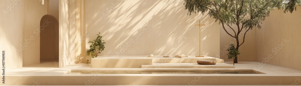 A serene indoor space featuring a minimalist design with natural light and greenery. A serene indoor space featuring a minimalist design with natural light and greenery.