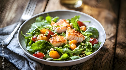 a bowl of salad with salmon and spinach. Generative AI