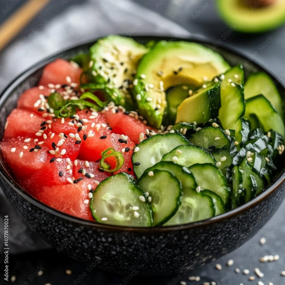Bowl of Sliced Watermelon, Avocado, and Cucumber with Sesame Seeds Bowl of Sliced Watermelon, Avocado, and Cucumber with Sesame Seeds