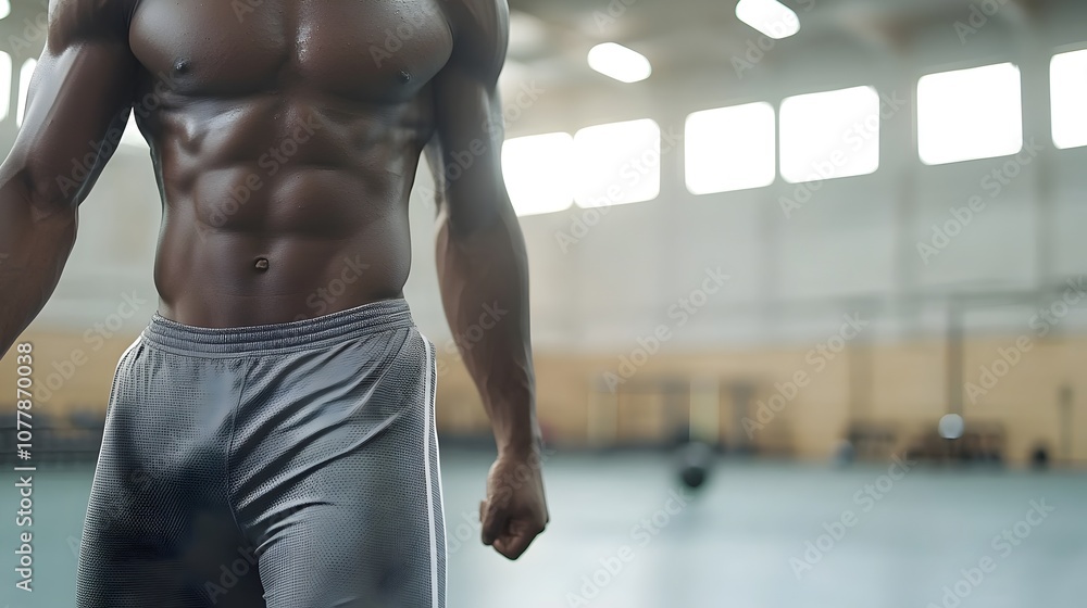Intense Muscular Torso in Dim Gym Lighting - Close-Up of a Strong Mans Defined Muscles Highlighted by Shadows for and Bodybuilding Themes Intense Muscular Torso in Dim Gym Lighting - Close-Up of a Strong Mans Defined Muscles Highlighted by Shadows for and Bodybuilding Themes