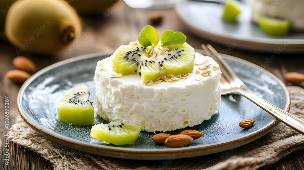 a cheesecake with almonds and kiwi on a plate. Generative AI a cheesecake with almonds and kiwi on a plate. Generative AI