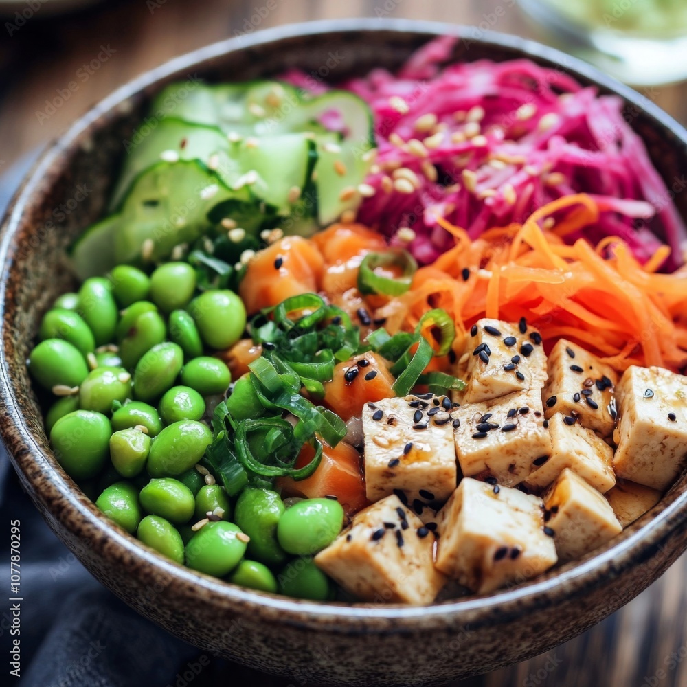 Tofu and Edamame Poke Bowl with Cucumber, Carrots, and Red Cabbage Tofu and Edamame Poke Bowl with Cucumber, Carrots, and Red Cabbage