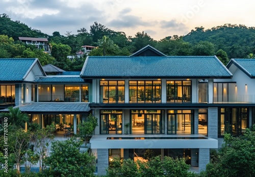 Modern two-story villa with a blue tile roof, white walls, and black windows. The swimming pool is surrounded by lush greenery under the twilight sky.