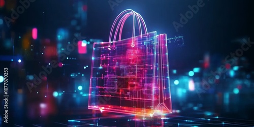 Digital shopping bag with glowing tech elements, symbolizing e-commerce and online shopping.