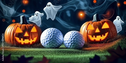 Spooky Halloween Golf Clip Art Featuring Jack-o'-Lanterns, Ghosts, and Haunted Golf Balls Design