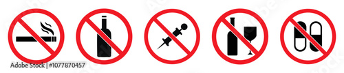 Set of prohibition icons showing no smoking, no alcohol, no drugs, no toilet misuse, and no pills signs with red circle and slash. Ideal for warning signs and safety posters.