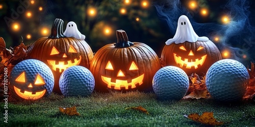 Spooky Halloween Golf Clip Art Featuring Jack-o'-Lanterns, Ghosts, and Haunted Golf Balls Design 
