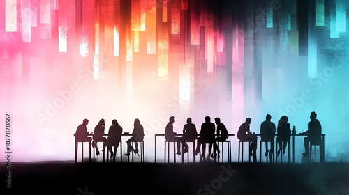 Silhouettes of Diverse People Collaborating at Tables Under Colorful Light Patterns in a Creative Workspace Environment