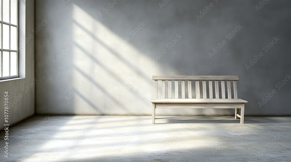 Minimalist interior scene featuring a simple wooden bench in an empty room with natural light streaming through a window creating a serene atmosphere Minimalist interior scene featuring a simple wooden bench in an empty room with natural light streaming through a window creating a serene atmosphere