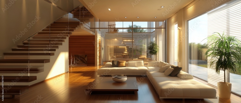 Fototapeta premium Modern living room with a large window and white sofa.
