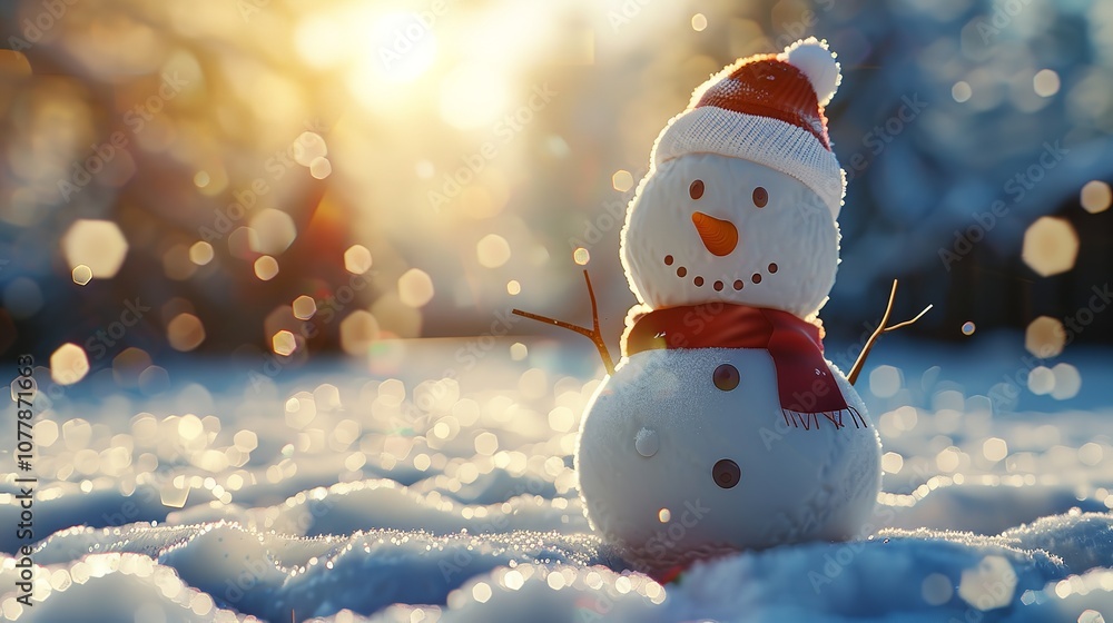 Fototapeta premium Tiny Cute Snowman Standing on Snowy Field in Winter Christmas Scene