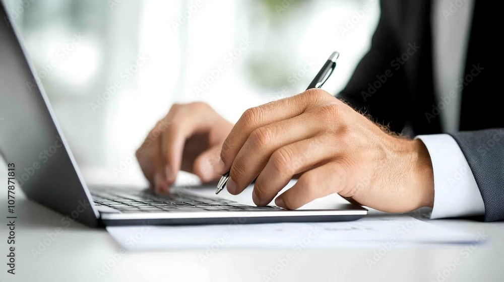 Close-up of a Business Professional Writing Notes While Using a Laptop in a Bright, Modern Office Setting on a Productive Workday Close-up of a Business Professional Writing Notes While Using a Laptop in a Bright, Modern Office Setting on a Productive Workday