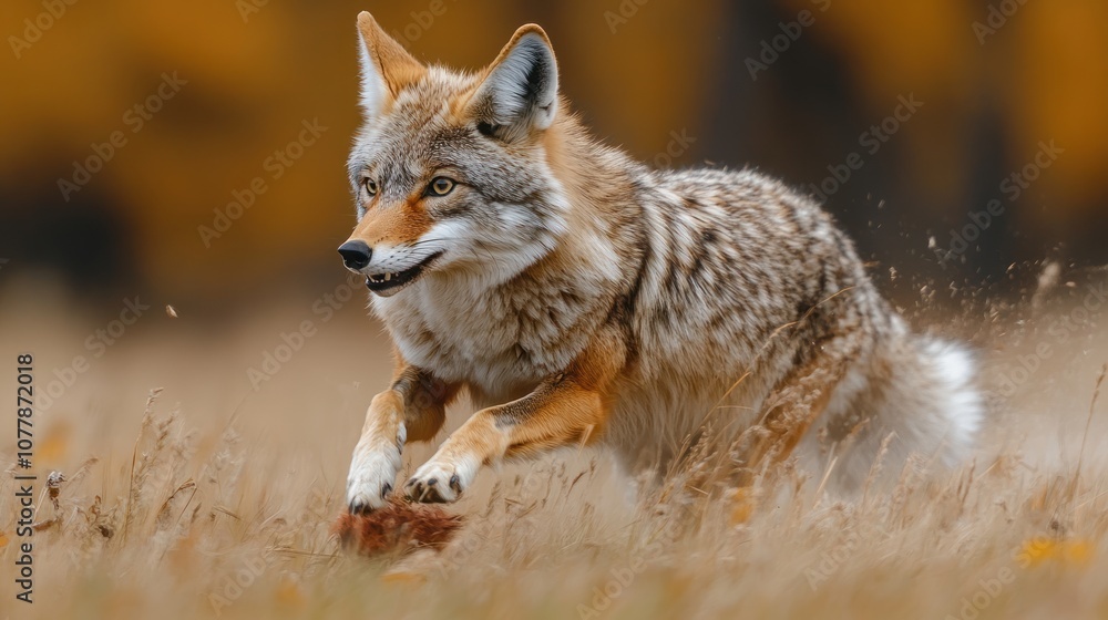 Fototapeta premium A coyote leaping through a grassy field in a natural setting.