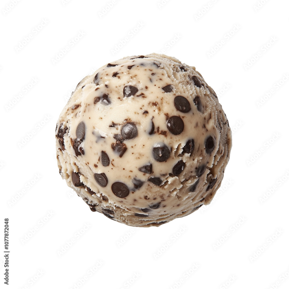 Close-up of a chocolate chip cookie dough ice cream scoop isolated on a transparent background Close-up of a chocolate chip cookie dough ice cream scoop isolated on a transparent background
