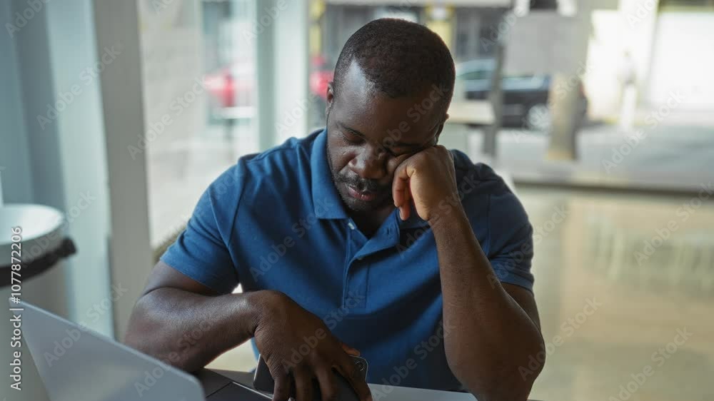 Young man in an office setting staring thoughtfully at his laptop while holding a smartphone, creating a serious and focused atmosphere Young man in an office setting staring thoughtfully at his laptop while holding a smartphone, creating a serious and focused atmosphere
