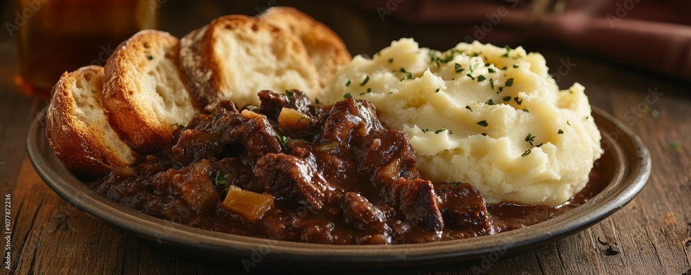 Beef stew with mashed potatoes and bread Beef stew with mashed potatoes and bread