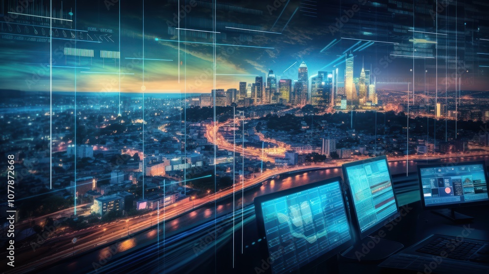 Fototapeta premium Cityscape with Digital Overlay