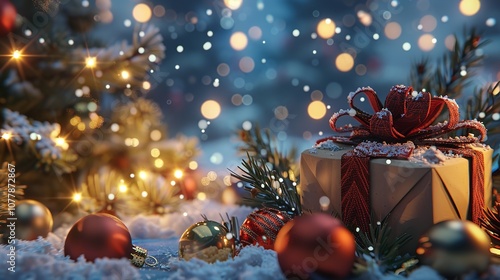 View of a Christmas Background with Christmas Gift and 3D Elements