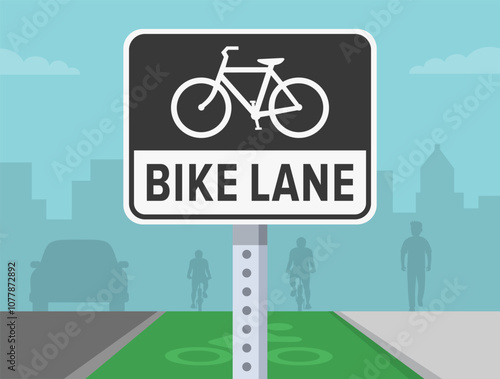 Driving tips and traffic regulation rules. Close-up of a "bike lane" traffic sign. Beginning of the dedicated bicycle lane. Flat vector illustration template.
