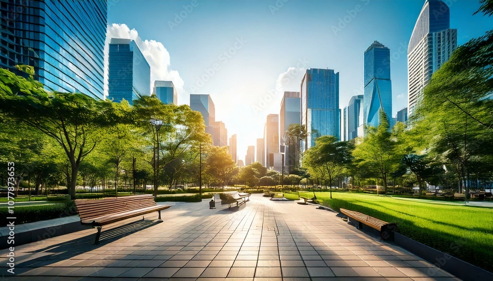 Obraz premium Peaceful Park Scenery in Town with Soft Morning Light