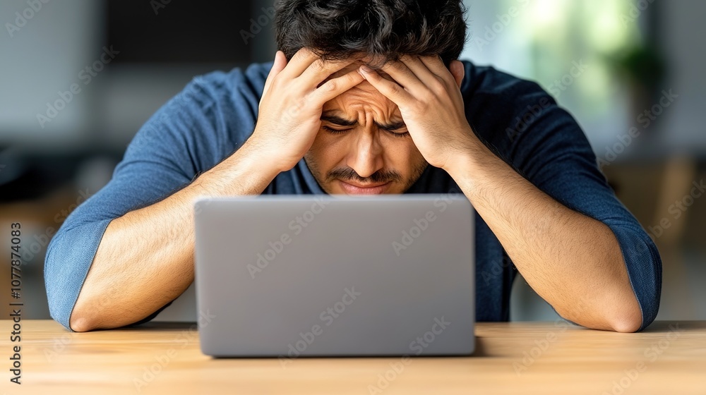 Frustrated young man experiencing stress while working on laptop in modern workspace, showing emotional struggle and concentration amid digital challenges Frustrated young man experiencing stress while working on laptop in modern workspace, showing emotional struggle and concentration amid digital challenges