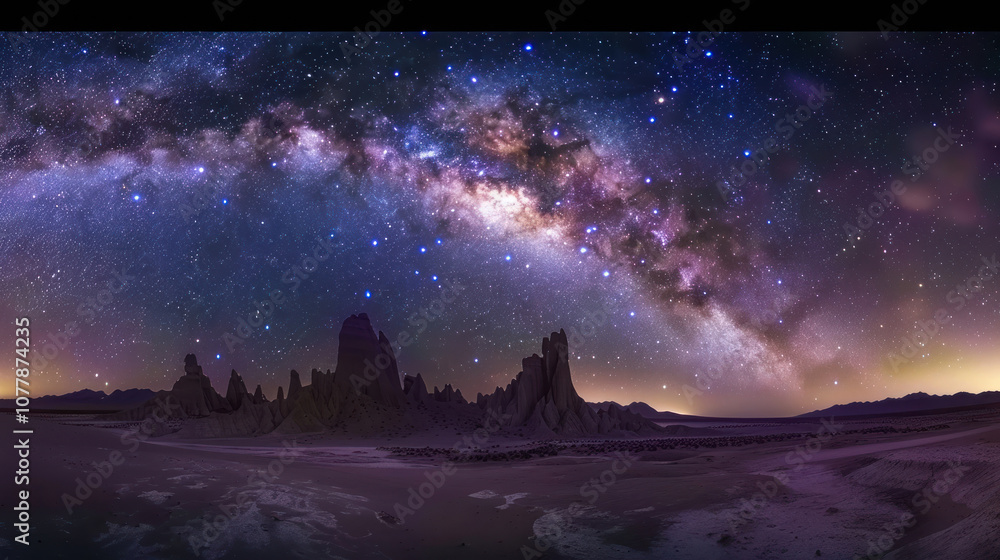 A mesmerizing starry sky with the Milky Way clearly visible, stars twinkling in the vast darkness, stretching over a quiet desert A mesmerizing starry sky with the Milky Way clearly visible, stars twinkling in the vast darkness, stretching over a quiet desert