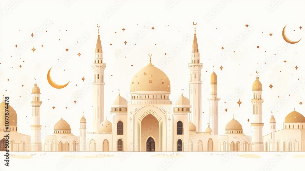 A grand mosque with golden domes and minarets against a starry night sky. A grand mosque with golden domes and minarets against a starry night sky.