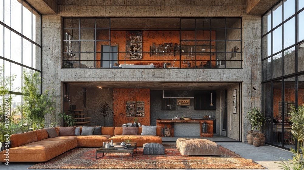 Modern industrial living space with open layout and cozy furnishings. Modern industrial living space with open layout and cozy furnishings.