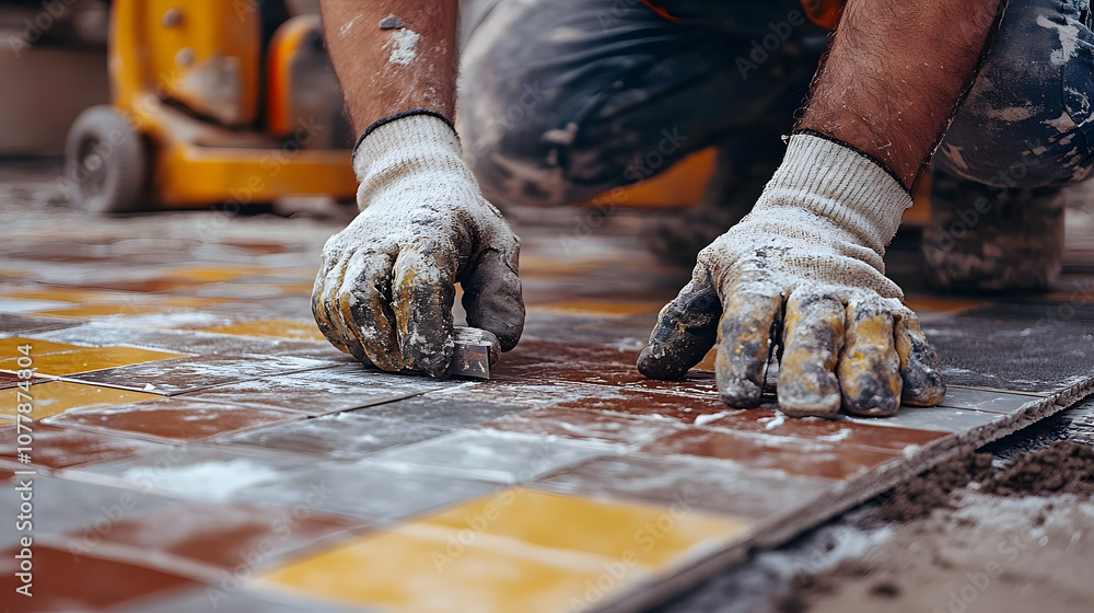 A worker laying ceramic tiles on the floor of an apartment, showcasing precision and craftsmanship in home renovation, highlighting the skillful installation process of flooring materials, and represe A worker laying ceramic tiles on the floor of an apartment, showcasing precision and craftsmanship in home renovation, highlighting the skillful installation process of flooring materials, and represe