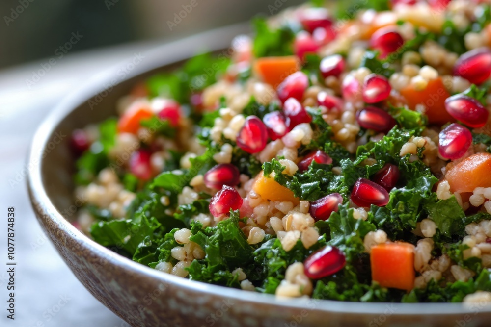 Close-up of a salad with kale, barley, pomegranate seeds, and carrot pieces Close-up of a salad with kale, barley, pomegranate seeds, and carrot pieces