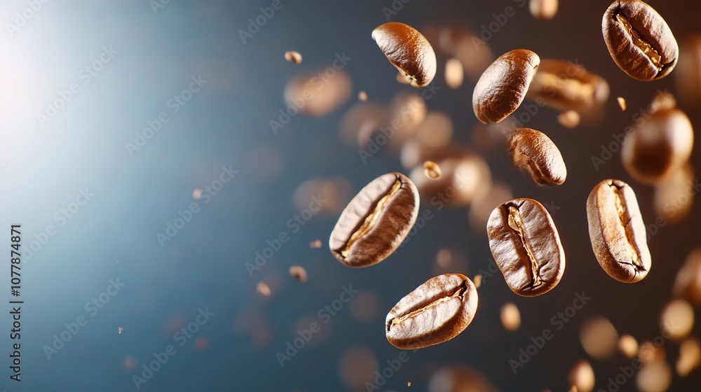 Floating Coffee Beans in Mid-Air Captured Against a Soft Blue Background for Coffee Lovers and Culinary Art Enthusiasts Floating Coffee Beans in Mid-Air Captured Against a Soft Blue Background for Coffee Lovers and Culinary Art Enthusiasts