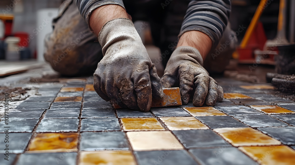 A worker laying ceramic tiles on the floor of an apartment, showcasing precision and craftsmanship in home renovation, highlighting the skillful installation process of flooring materials, and represe A worker laying ceramic tiles on the floor of an apartment, showcasing precision and craftsmanship in home renovation, highlighting the skillful installation process of flooring materials, and represe