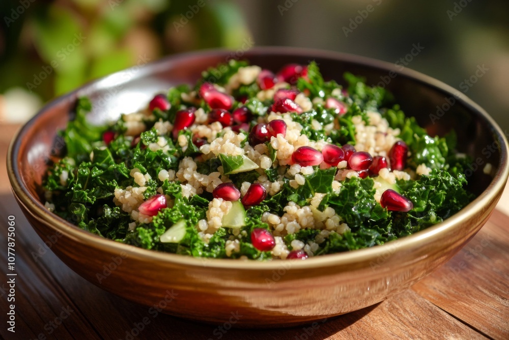 A bowl of couscous salad with kale and pomegranate seeds A bowl of couscous salad with kale and pomegranate seeds