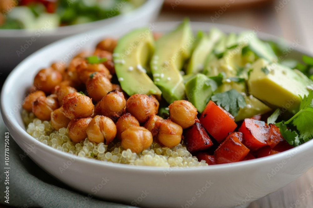 Close-up of a bowl of quinoa, chickpeas, avocado, and roasted red peppers Close-up of a bowl of quinoa, chickpeas, avocado, and roasted red peppers