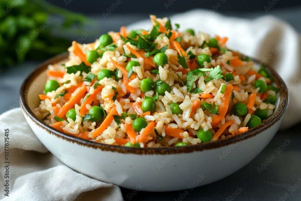 Bowl of Brown Rice with Carrots, Peas, and Parsley Bowl of Brown Rice with Carrots, Peas, and Parsley
