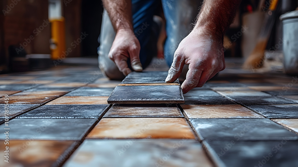 A worker laying ceramic tiles on the floor of an apartment, showcasing precision and craftsmanship in home renovation, highlighting the skillful installation process of flooring materials, and represe A worker laying ceramic tiles on the floor of an apartment, showcasing precision and craftsmanship in home renovation, highlighting the skillful installation process of flooring materials, and represe